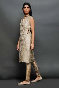 Off White Brocade Angrakha Kurta With Golden Tassel image 3