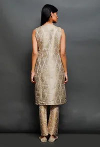 Off White Brocade Angrakha Kurta With Golden Tassel image 4