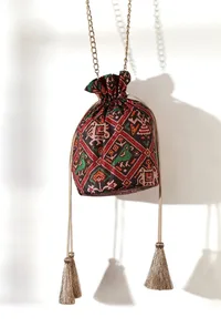 Eishika Black & Multi Silk Patola Print Potli With Tassels image 2