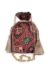 Eishika Black & Multi Silk Patola Print Potli With Tassels image 3