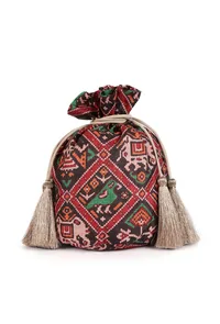 Eishika Black & Multi Silk Patola Print Potli With Tassels image 4