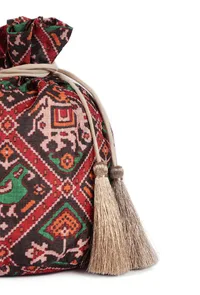 Eishika Black & Multi Silk Patola Print Potli With Tassels image 5