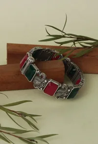 Royal Elegance Oxidised Silver Bangle Set With Green & Red Stones image 1