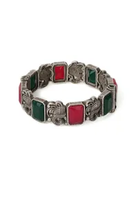 Royal Elegance Oxidised Silver Bangle Set With Green & Red Stones image 2