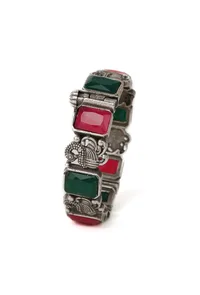 Royal Elegance Oxidised Silver Bangle Set With Green & Red Stones image 3