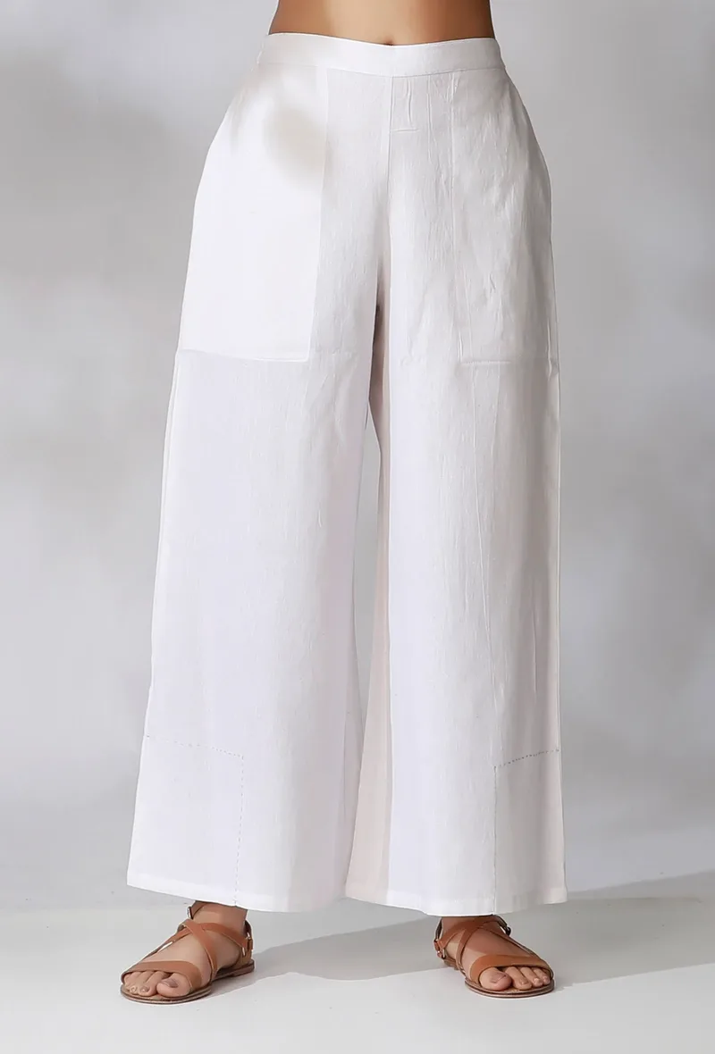 White Cotton Pants Mid-Waist With Side Wide Pockets