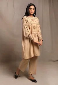 Ecru Hand Block Printed Tunic with Embellishments image 1