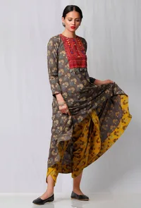 Brown Ajrakh Printed Kurta with Red Yoke image 1