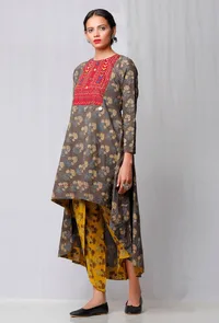 Brown Ajrakh Printed Kurta with Red Yoke image 2