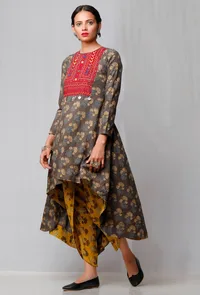 Brown Ajrakh Printed Kurta with Red Yoke image 3