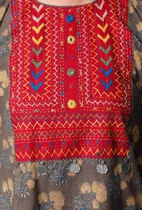 Brown Ajrakh Printed Kurta with Red Yoke image 5
