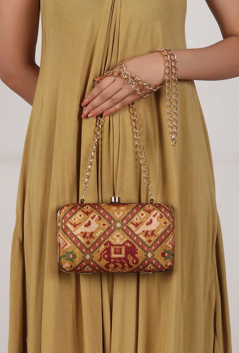 Azalea Golden & Multi Patola Print Rectangular Box Clutch