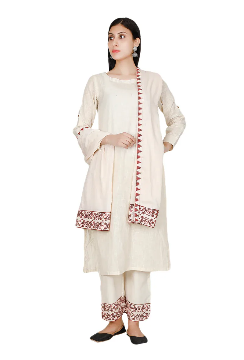 Ivory-Red Mulmul Cotton Cross Stitch Dupatta