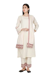 Ivory-Red Mulmul Cotton Cross Stitch Dupatta image 1