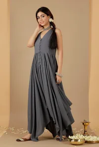 Grey Rayon Sleeveless Asymmetrical Gathered Kurta image 2