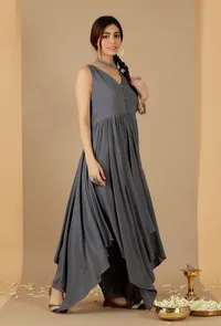 Grey Rayon Sleeveless Asymmetrical Gathered Kurta image 3