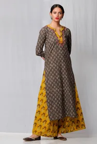 Set of 2: Brown Ajrakh Printed Kurta and Yellow Ajrakh Printed Pallazo image 1