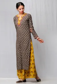 Set of 2: Brown Ajrakh Printed Kurta and Yellow Ajrakh Printed Pallazo image 2