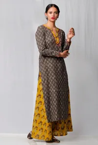 Set of 2: Brown Ajrakh Printed Kurta and Yellow Ajrakh Printed Pallazo image 3