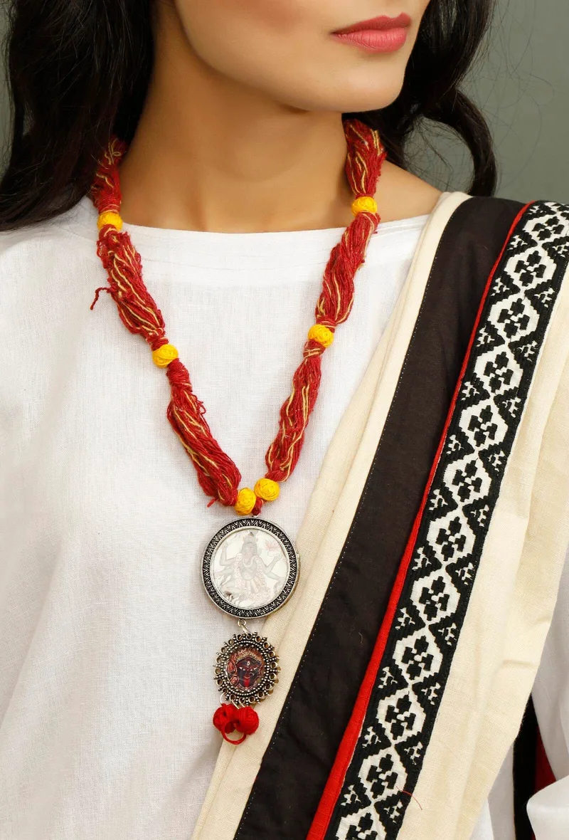 Red Thread Goddess Kali Double Brass Pendant Necklace