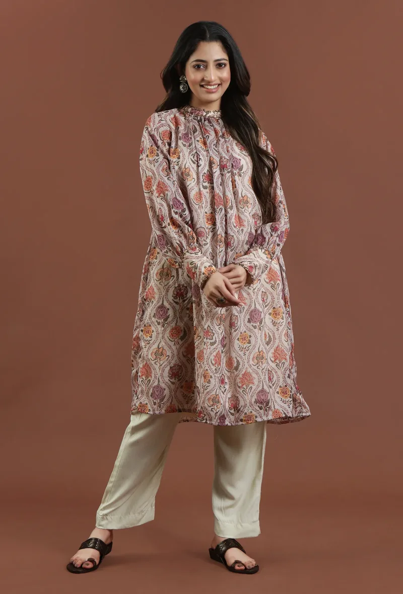 Elegant Beige Floral Printed Tabby Silk Gathered Kurta