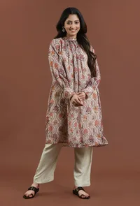 Elegant Beige Floral Printed Tabby Silk Gathered Kurta image 1