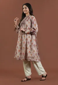 Elegant Beige Floral Printed Tabby Silk Gathered Kurta image 2