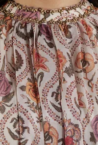 Elegant Beige Floral Printed Tabby Silk Gathered Kurta image 5