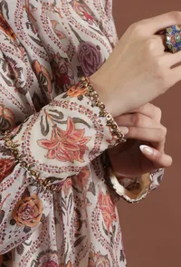 Elegant Beige Floral Printed Tabby Silk Gathered Kurta image 6