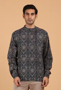 Blue Ajrakh Handcrafted Side Placket Full Sleeves Printed Cotton Shirt image 1