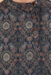 Blue Ajrakh Handcrafted Side Placket Full Sleeves Printed Cotton Shirt image 5