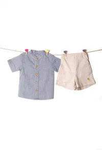 Set of 2: Baby Blue Chambray Shirt & Off White Cotton Pants Shorts image 1