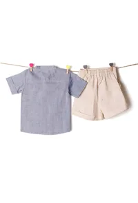 Set of 2: Baby Blue Chambray Shirt & Off White Cotton Pants Shorts image 2