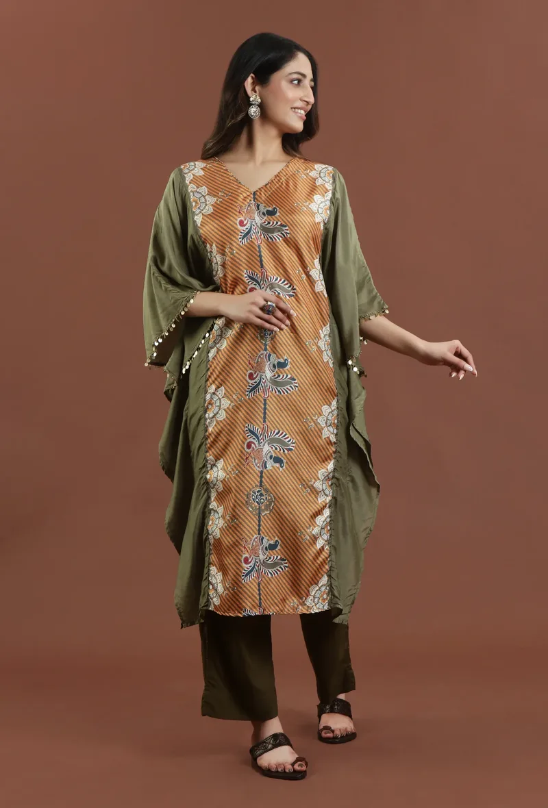 Elegant Olive Green Kalamkari Printed Muslin Silk Kaftan Kurta