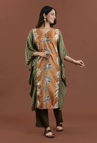 Elegant Olive Green Kalamkari Printed Muslin Silk Kaftan Kurta image 1