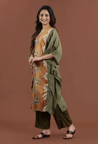 Elegant Olive Green Kalamkari Printed Muslin Silk Kaftan Kurta image 2