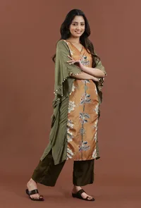 Elegant Olive Green Kalamkari Printed Muslin Silk Kaftan Kurta image 3