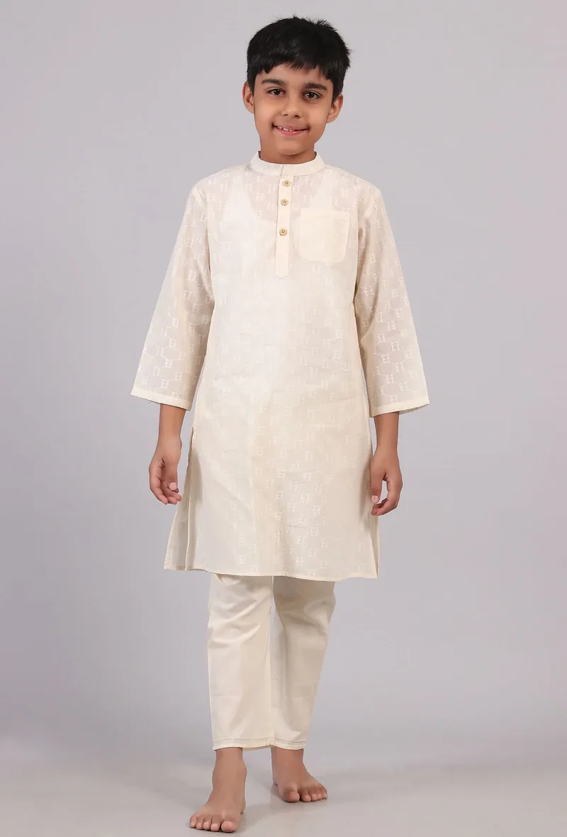 Set Of 2: White Cotton Kurta Pyjama Set