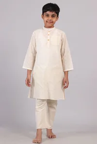 Set Of 2: White Cotton Kurta Pyjama Set image 1