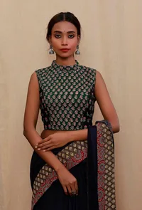 Green And Black Block Printed Cotton Blouse image 1