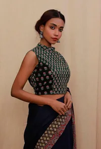 Green And Black Block Printed Cotton Blouse image 4