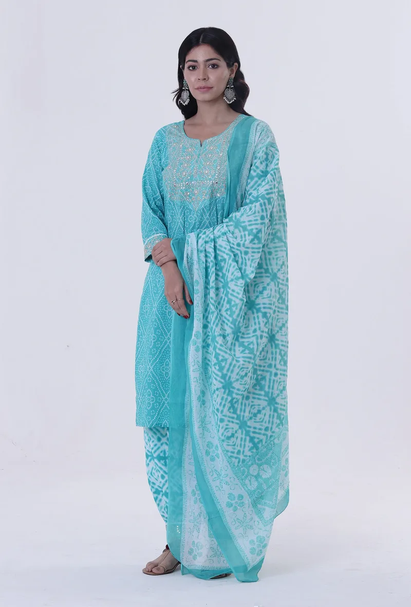 Turquoise & White Cotton Block Printed Dupatta