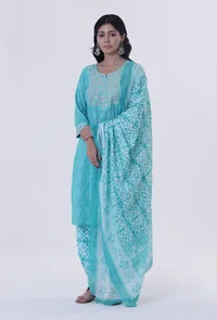 Turquoise & White Cotton Block Printed Dupatta image 1