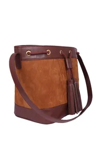 Brown Suede Bucket Bag (9.5"x14.7"x6.5") image 4