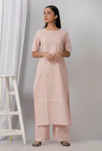 Rose Pink Cotton Khadi Kurta With Round Neck image 1