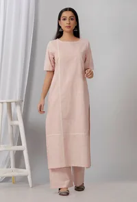 Rose Pink Cotton Khadi Kurta With Round Neck image 2