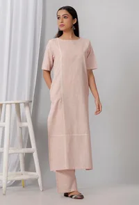 Rose Pink Cotton Khadi Kurta With Round Neck image 3
