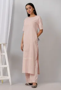 Rose Pink Cotton Khadi Kurta With Round Neck image 5