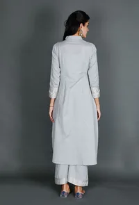 Set of 2: Grey Kurta & Pallazo With Kantha Embroidery image 3