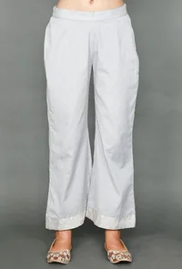 Set of 2: Grey Kurta & Pallazo With Kantha Embroidery image 4